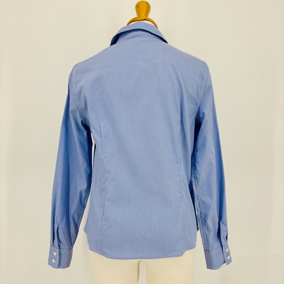 Anne Klein Blue and White Pinstriped Non-Iron Long Sleeve Button Down Top, Small - Picture 6 of 16